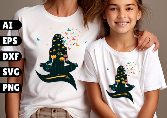 Girl Meditation with Flower Leaves Bird