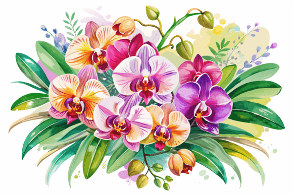 Watercolor Orchid Flower Arrangement