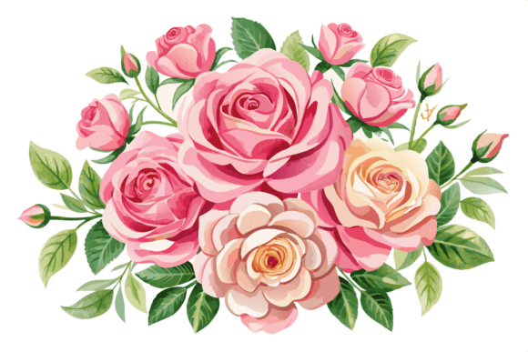 Watercolor Pink Rose Flower Bouquet