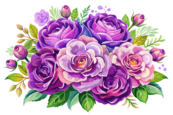 Watercolor Purple Rose Flower Bouquet
